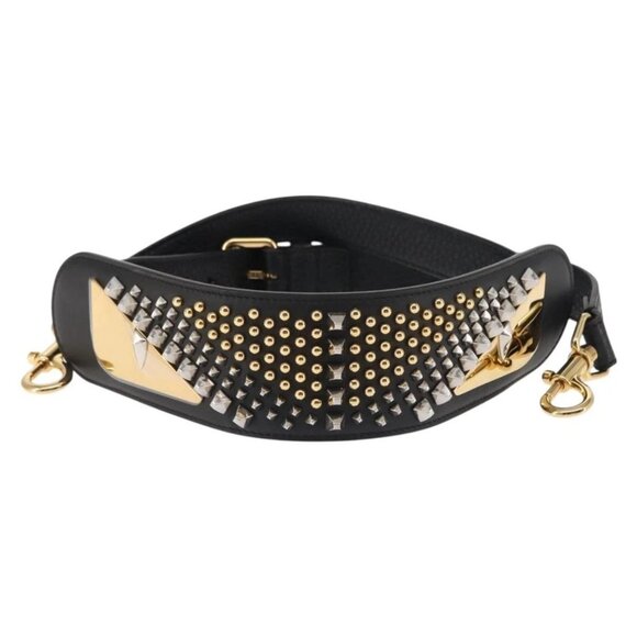 FENDI Monster Studs Shoulder Strap Leather 31.5""-39.4"" Black Gold Auth am9364 - Picture 2 of 11